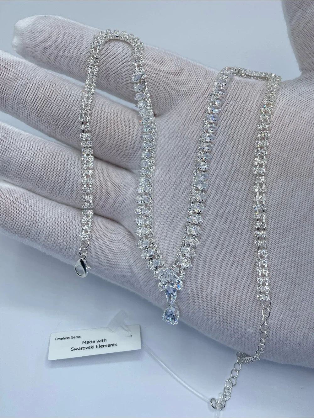 Swarovski Crystal Elements White Crystal Y Drop Bridal Tennis Necklace Art Deco